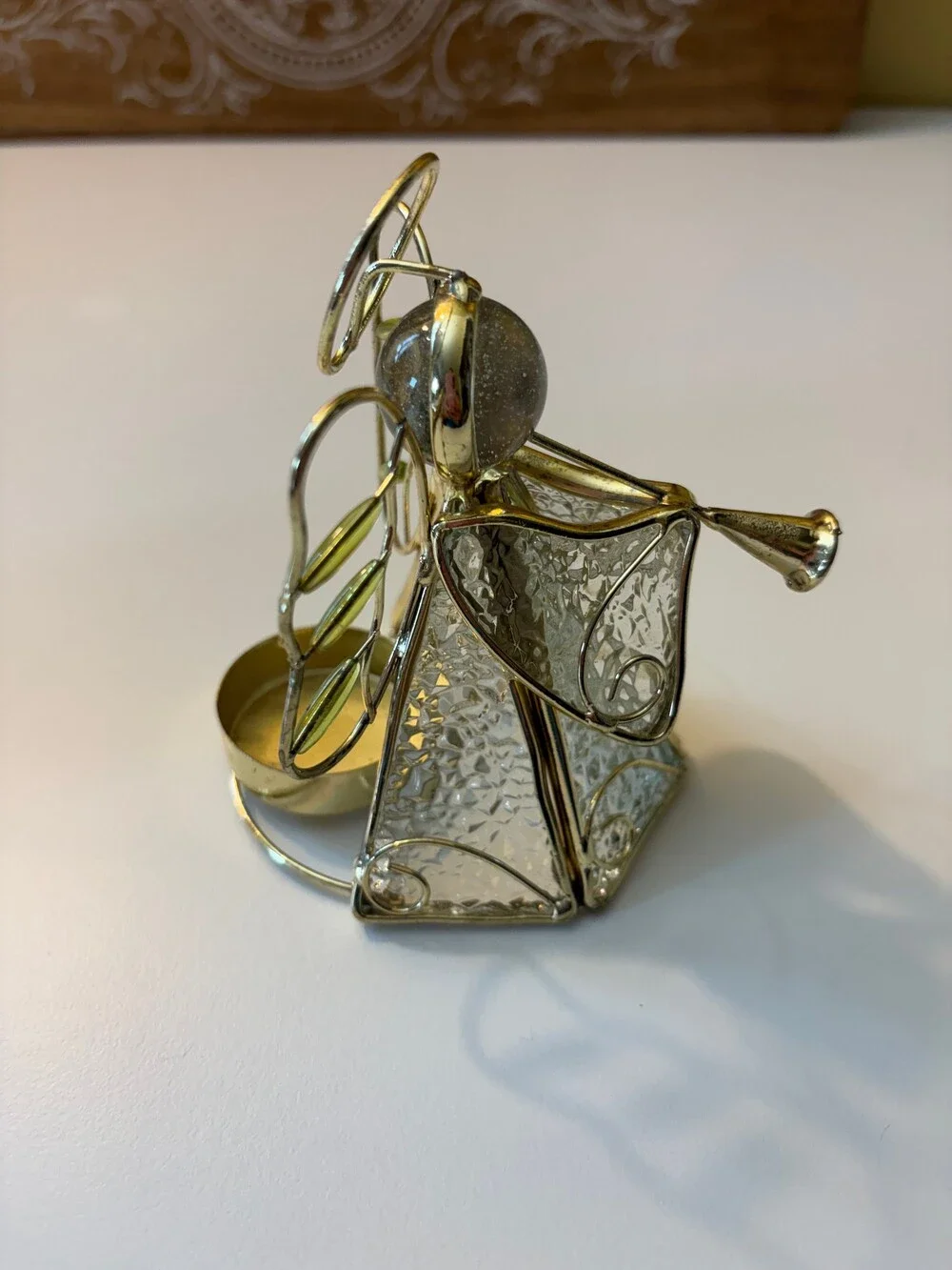 Vintage Stained Glass Angel Tea Light Candle Holders Set of 2 Christmas Brass Mu